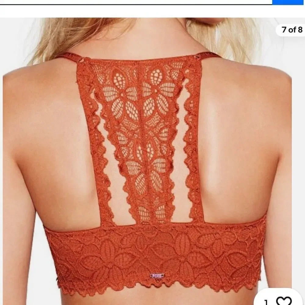 Victoria’s Secret Pink Date Racerback sexy unlined floral lace bra clay 34B